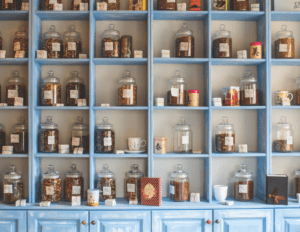 Dried herbs organized on blue shelf. 9 Reasons The Buhner Protocol is the BEST Treatment for Lyme Disease.
